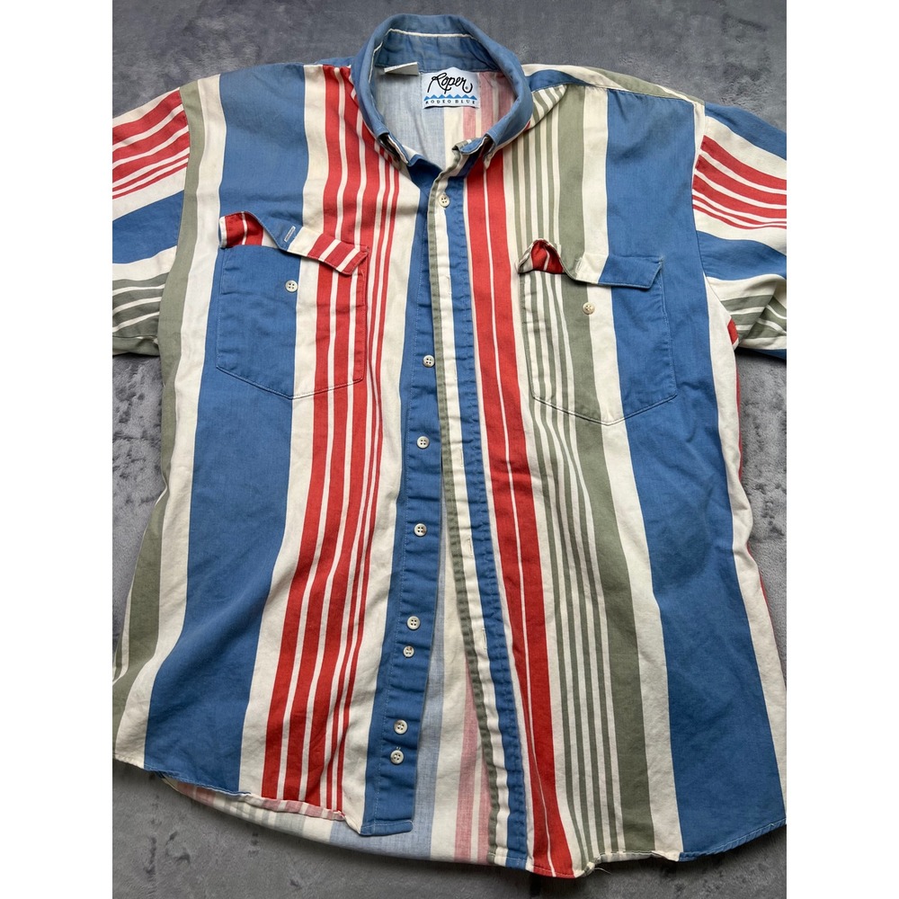 Vintage Roper Rodeo Blue Western Stripe Shirt Mens Large Short Sleeve USA Made
